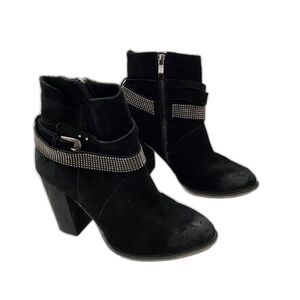 Nine West ZAZA Black Suede Cowboy Ankle Booties Embellished Western Style 7.5